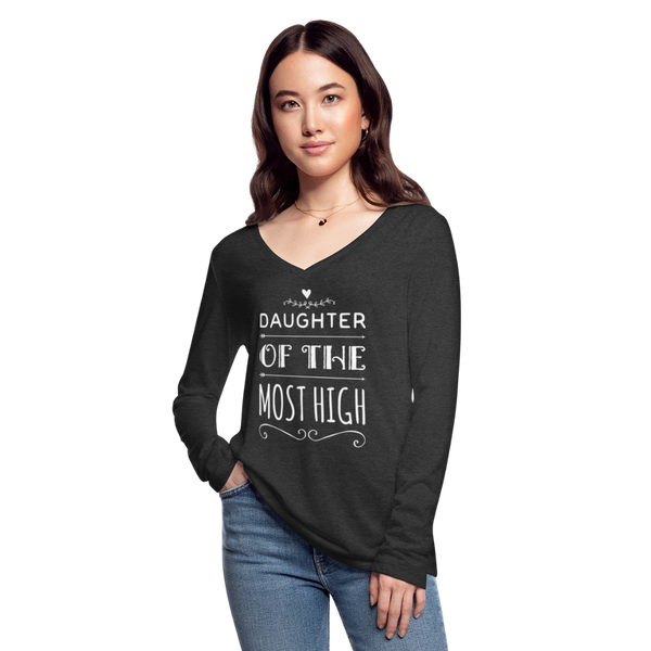 Women’s Long Sleeve  V-Neck Flowy Tee-Daughter of the Most High - deep heather