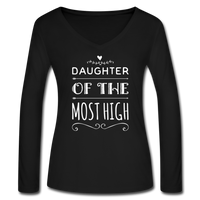 Women’s Long Sleeve  V-Neck Flowy Tee-Daughter of the Most High - black