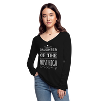 Women’s Long Sleeve  V-Neck Flowy Tee-Daughter of the Most High - black