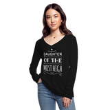 Women’s Long Sleeve  V-Neck Flowy Tee-Daughter of the Most High - black