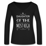 Women’s Long Sleeve  V-Neck Flowy Tee-Daughter of the Most High - black